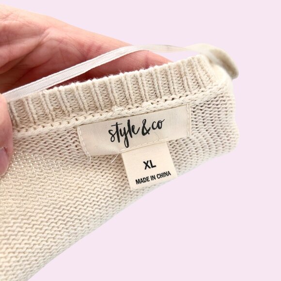 STYLE & CO LONG SLEEVE BEIGE SWEATER W/ EMBROIDERED CRANE BIRD FLORAL DESIGN XL - Picture 5 of 5